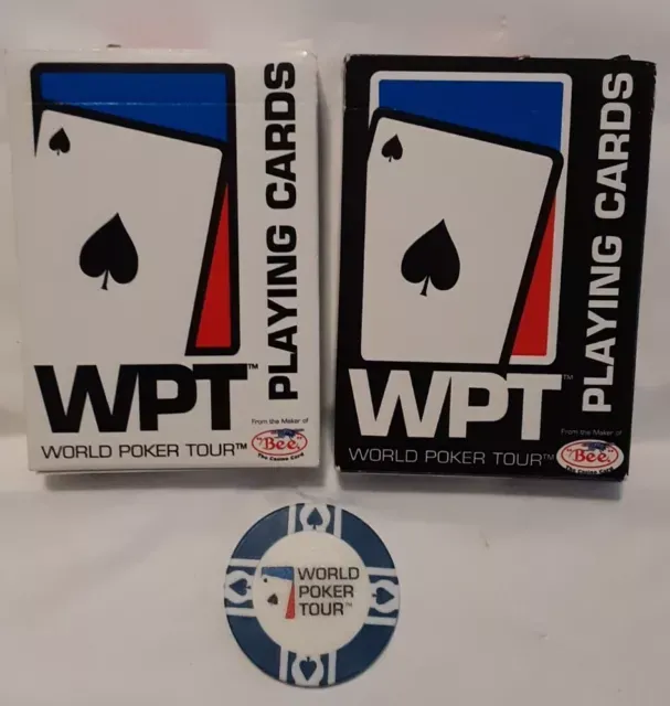 BEE World Poker Tour Playing Cards White & Black Decks - Order No 979 + WPT Chip